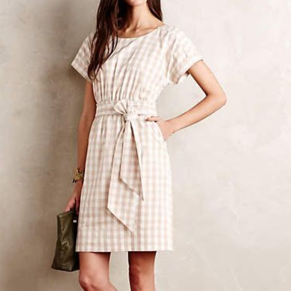 ANTHROPOLOGIE Ribboned Poplin Dress Short Sleeve Checkered Sheath Dress